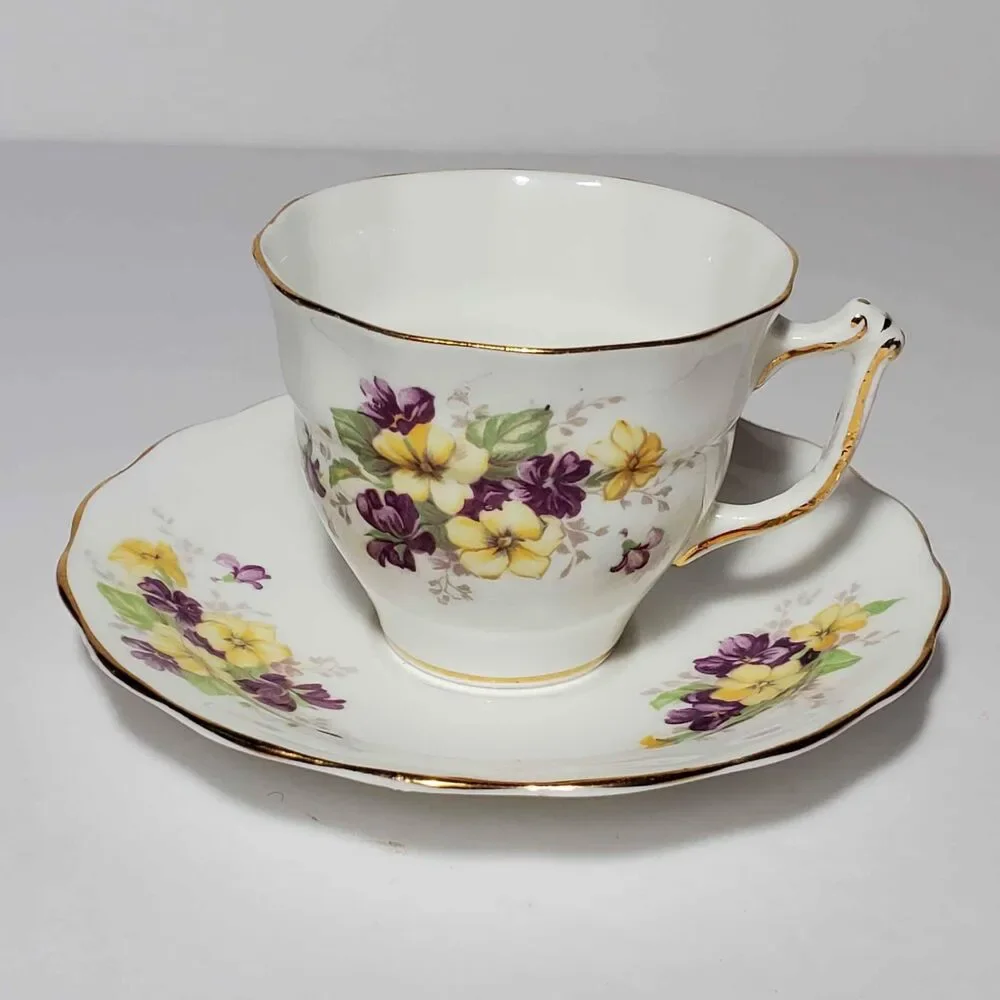 Old Royal Demitasse (Small) Teacup and Saucer Purple Yellow Flowers Vintage